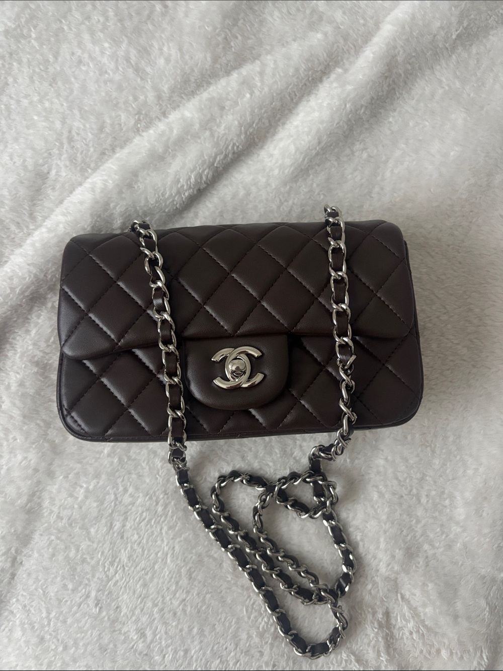 CHANEL Quilted Lambskin Crossbody Bag in Dark Brown with Silver Hardware